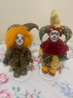 Vintage Pair of Collector's Choice Fine Bisque Porcelain Clown Dolls